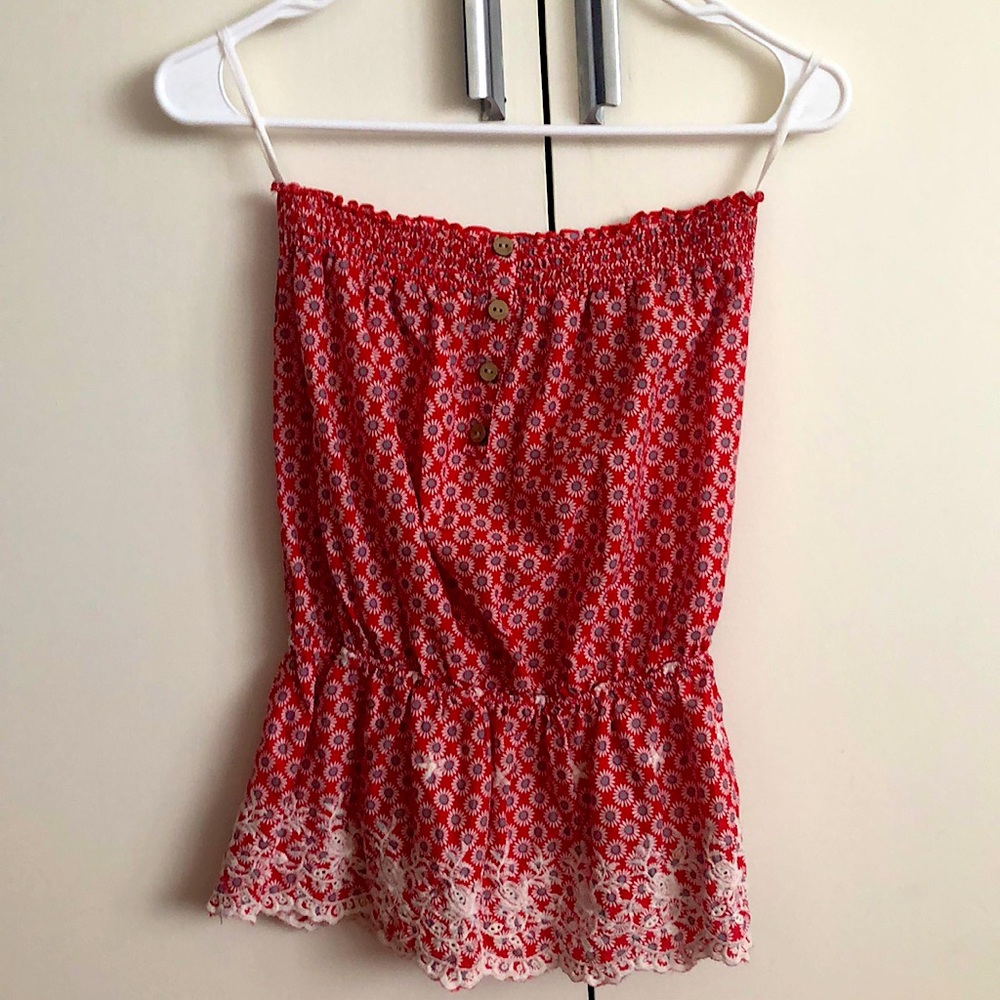 Strapless Floral Peplum Top w/ Lace Detail